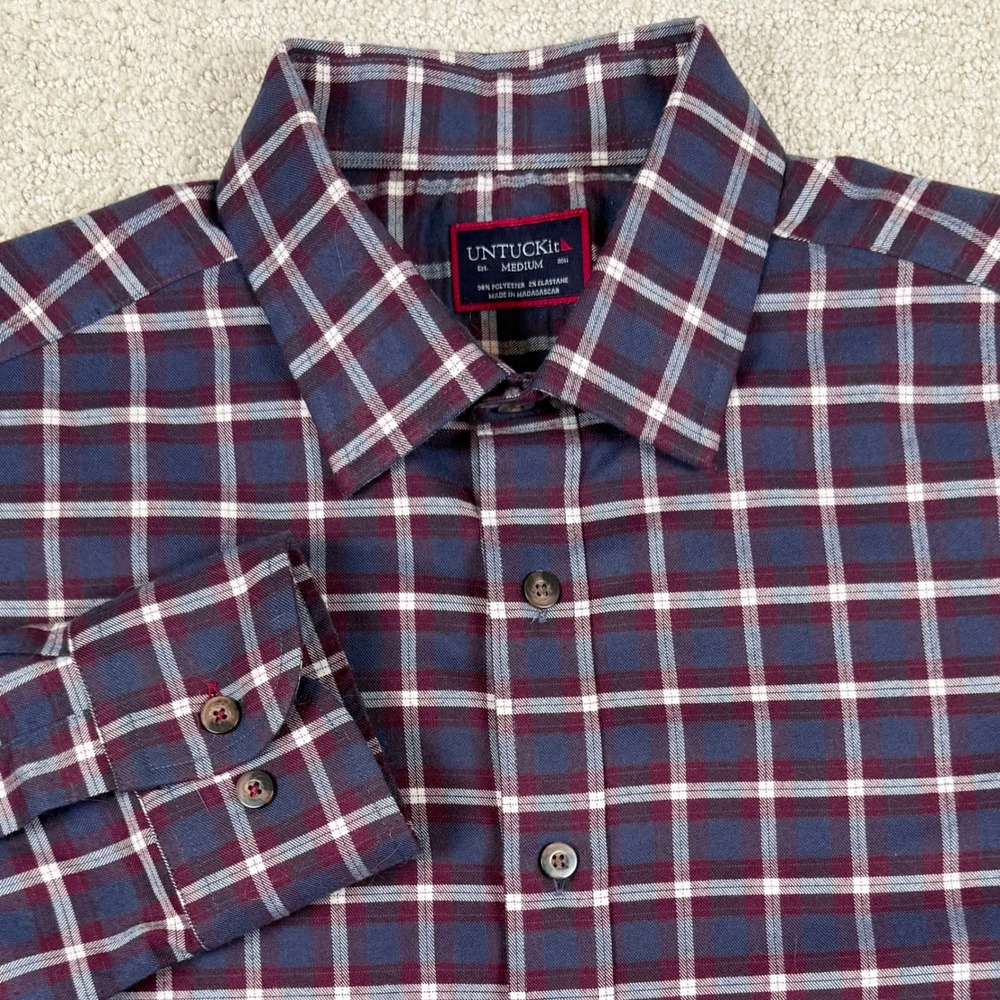UNTUCKit Mens Medium Taurino Gray Plaid Regular Fit Long Sleeve Button Up Shirt